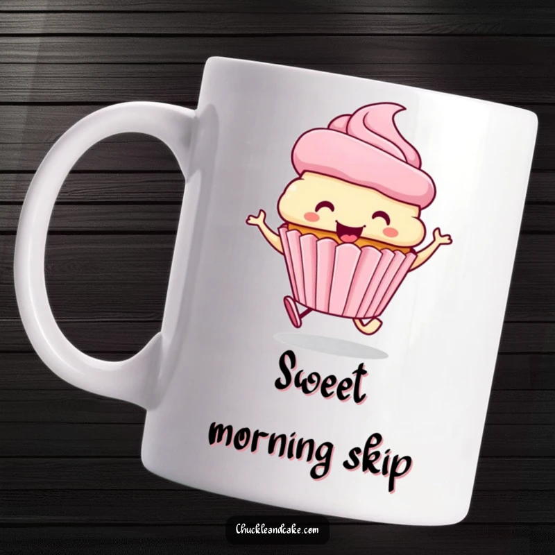 Funny mug with a smiling cupcake wearing a frosting hat, skipping with pure joy.