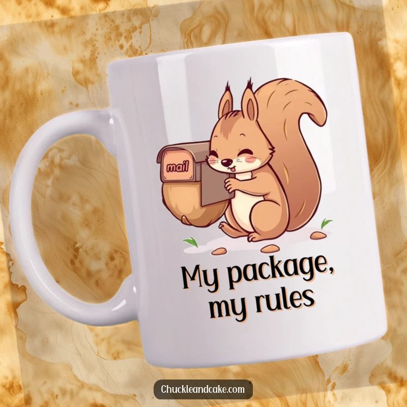 Funny squirrel mug, determinedly trying to mail an oversized acorn, with a comical struggle and funny expression.