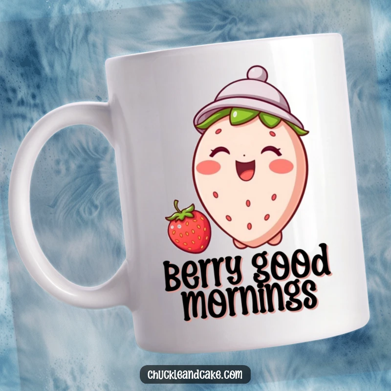 Funny strawberry mug showcasing a jubilant strawberry wearing a tiny hat and giggling with pure joy and sweetness.