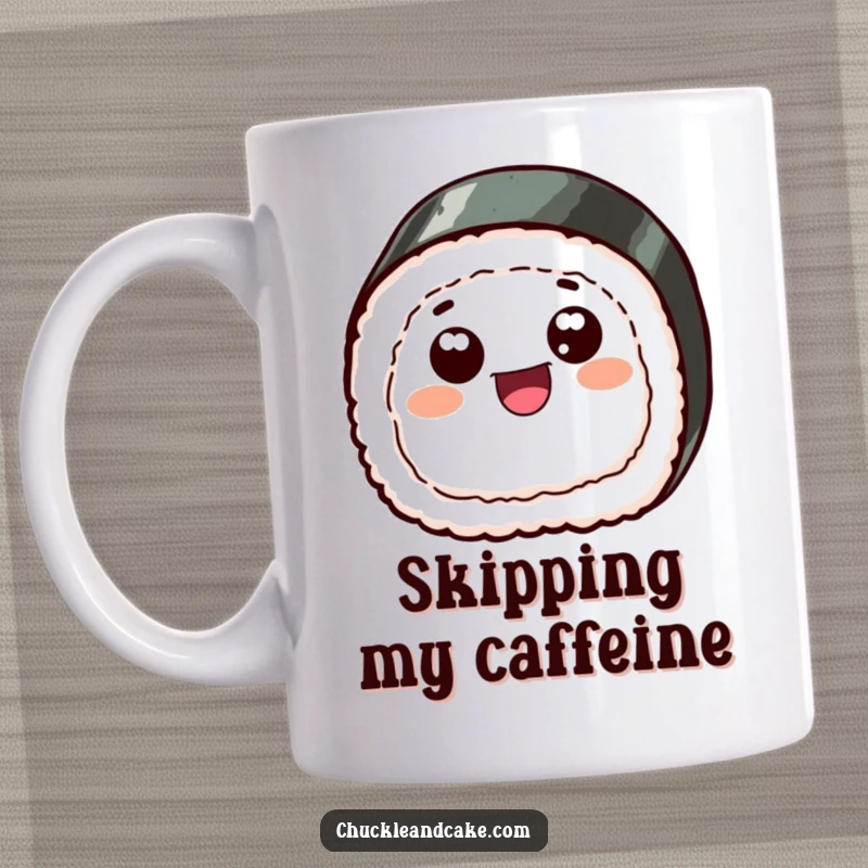 Funny mug with a cheerful sushi slice, its googly eyes wide, joyfully skipping, bringing edible amusement and laughter.