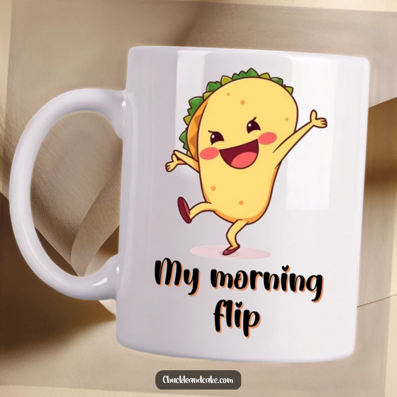 Funny mug featuring a happy taco with a wide grin, performing a silly cartwheel with joyful abandon and edible humor.