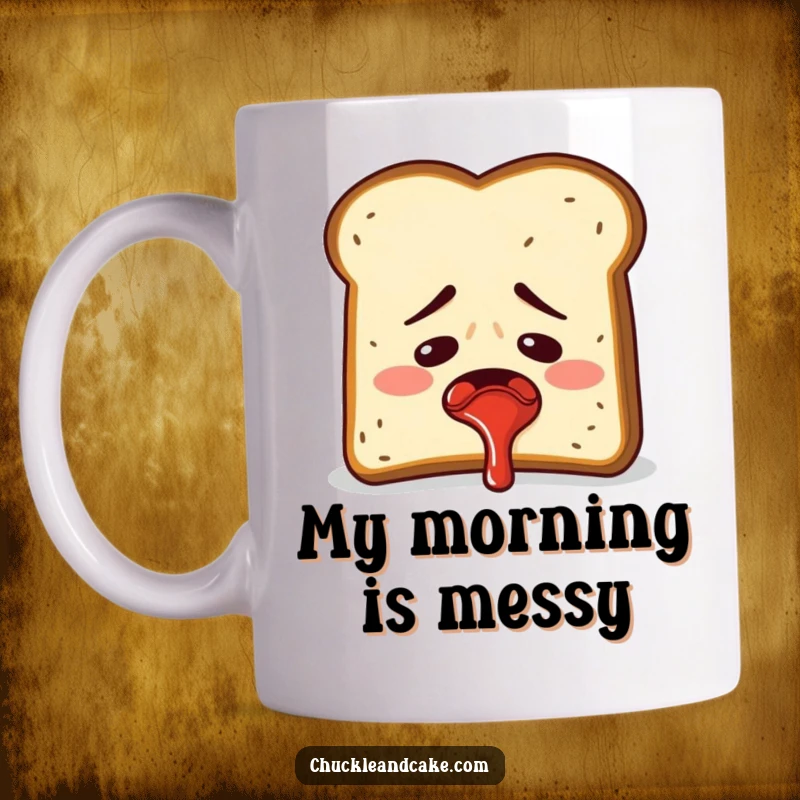Funny embarrassed slice of toast accidentally spraying jam, a messy and humorous mug.