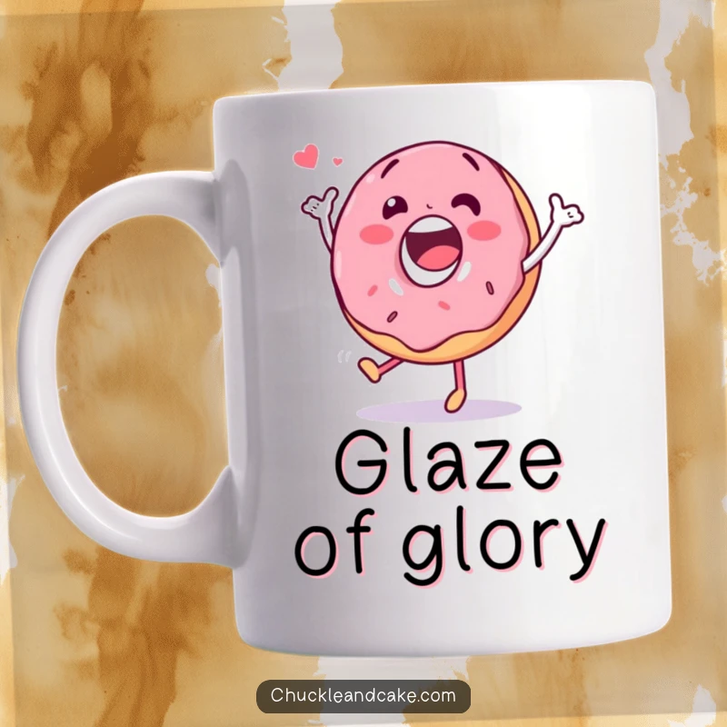 Funny mug featuring a happy donut character enthusiastically doing a silly dance, spreading cheer and sweetness.