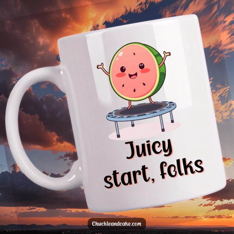 Funny watermelon mug showing a merry slice of watermelon energetically bouncing high on a trampoline with pure delight.