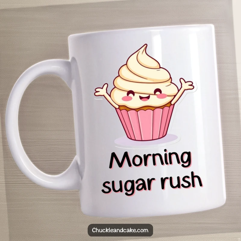 Funny mug showing a happy, stylized cupcake with fluffy frosting arms spread wide, spinning merrily.