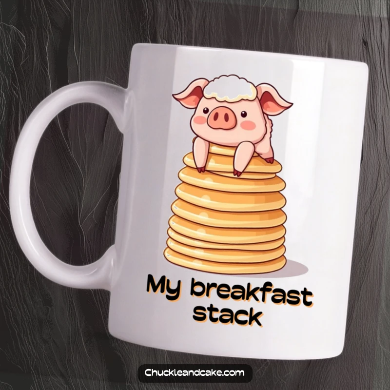 Funny sheepish pig precariously balancing a tall stack of pancakes on a mug, comical and adorable breakfast humor.