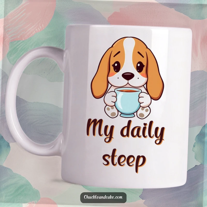 Funny Basset Hound Mug with droopy ears, holding a cup of tea, conveying relaxed humor and charm.