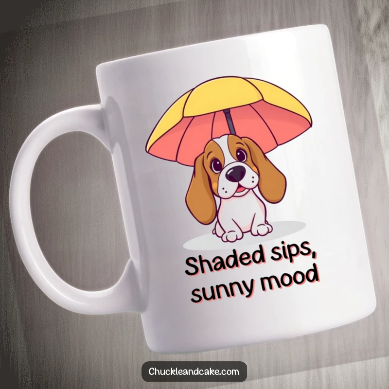 Funny Beach Basset Hound Mug: A Basset Hound curiously peeking from behind a beach umbrella, enjoying the sunny day.