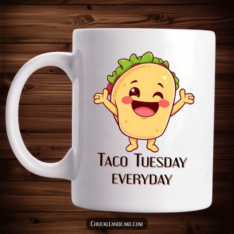 Funny mug featuring a taco character cheering with a massive, infectious grin, spreading happiness and zest.