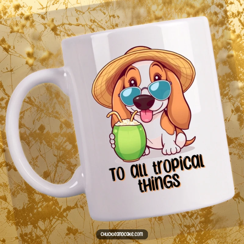 Funny Basset Hound mug showing a Basset Hound wearing a sun hat and sipping a coconut drink, embodying a tropical getaway.