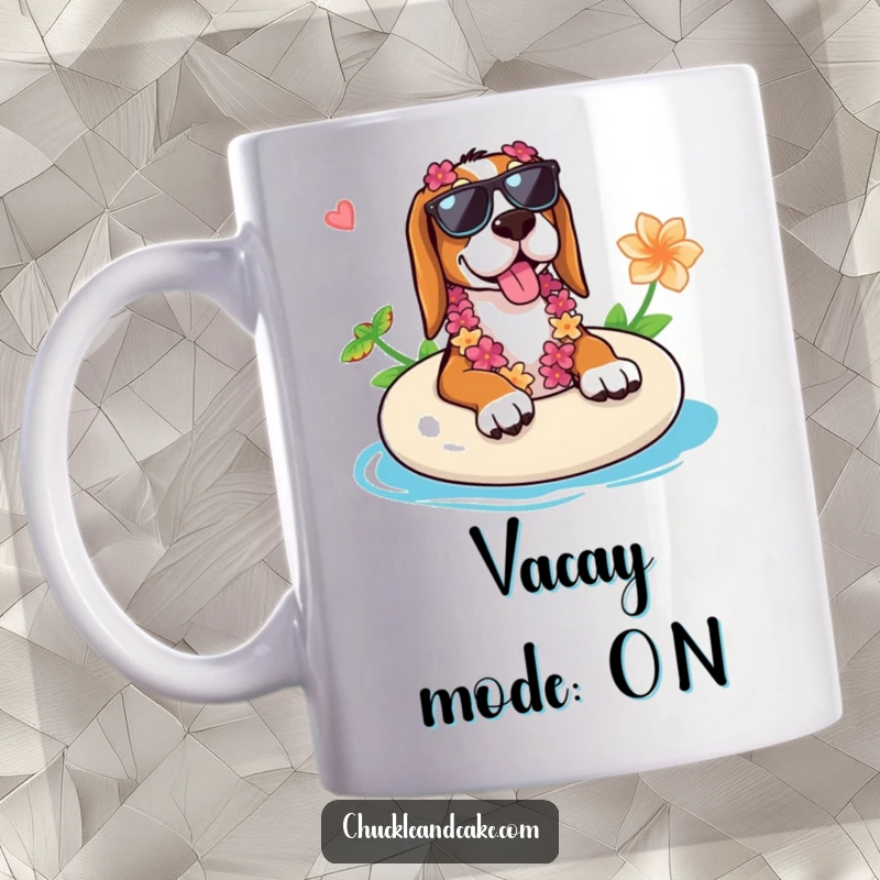 Funny Basset Hound mug featuring a cool Basset Hound in sunglasses and a lei relaxing on an inflatable float, embodying vacation vibes.