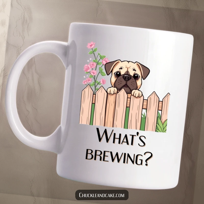 Funny Bullmastiff mug showing a dog peeking curiously over a garden fence, capturing a moment of playful nosiness.