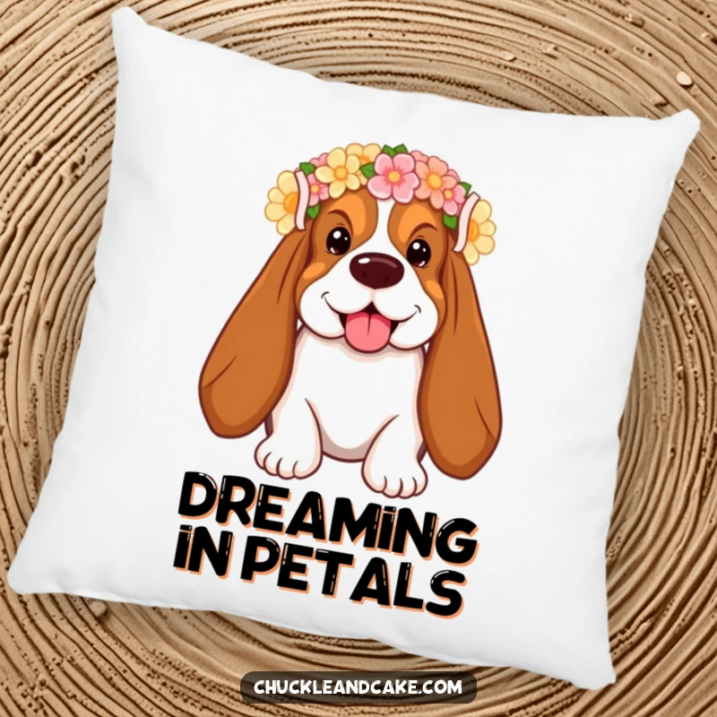 Funny Basset Hound Pillow with droopy ears, wearing a flower crown, smiling, offering humorous comfort.