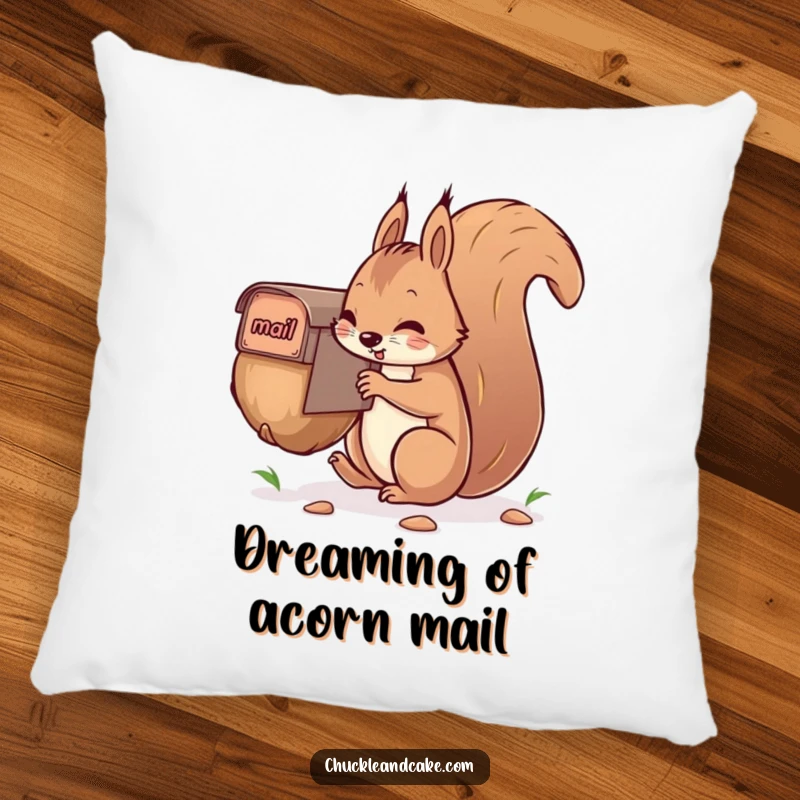 Funny squirrel pillow, comically attempting to mail a giant nut, with a determined and funny facial expression.