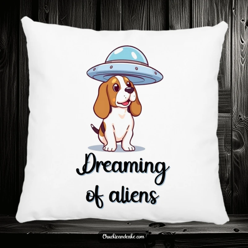 Funny Basset Hound UFO Pillow featuring a dog looking at a flying saucer, perfect for cozying up with cosmic thoughts.