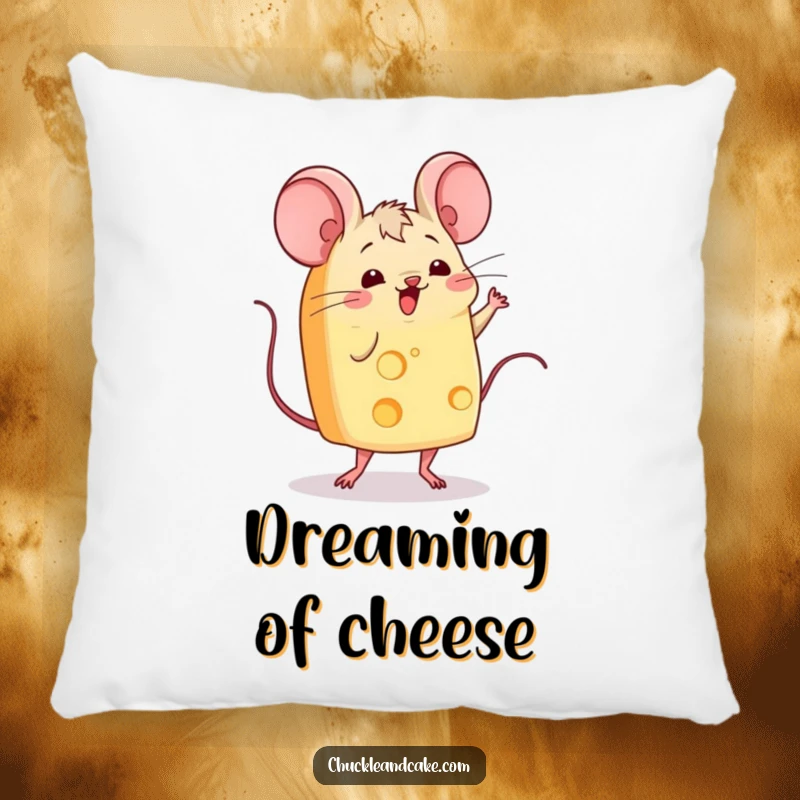 Funny slice of cheese with mice ears wiggling and doing a jig, a soft pillow featuring a dancing food character for humorous comfort.