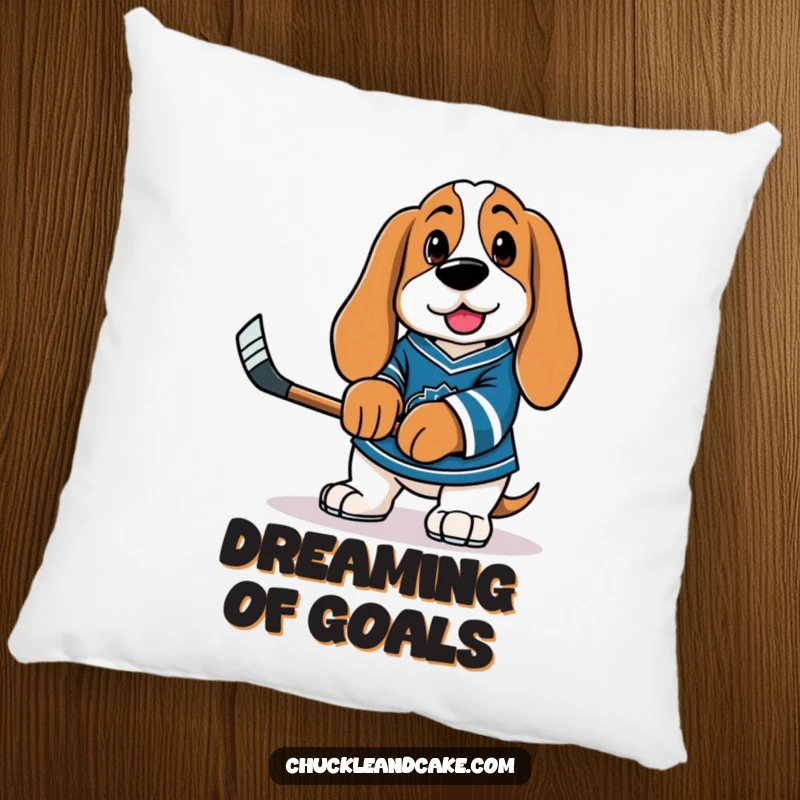 Funny Basset Hound in a hockey jersey, holding a tiny stick, ready for the game on a soft pillow.