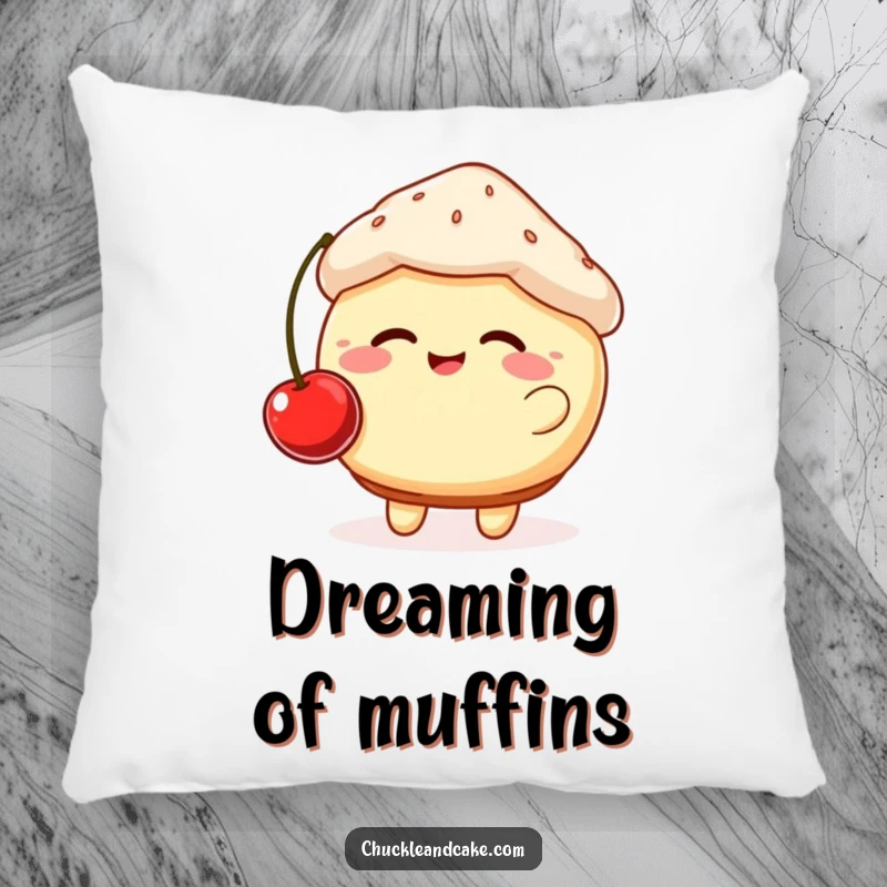Funny pillow featuring a plump, giggling muffin with rosy cheeks playfully bouncing a cherry, offering sweet comfort and humor.