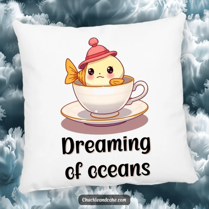 Funny bewildered fish wearing a hat floating in a teacup on a plush pillow, soft and humorous whimsical cushion.