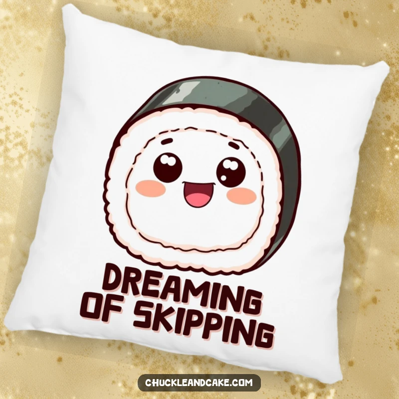 Funny pillow designed as a cheerful sushi slice with googly eyes, happily skipping, offering a soft and humorous decorative touch.