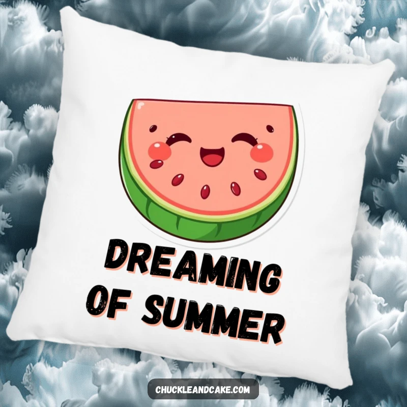 Funny watermelon slice pillow with seeds winking, a soft and delightful decor item featuring a cheerful fruit character for added humor.