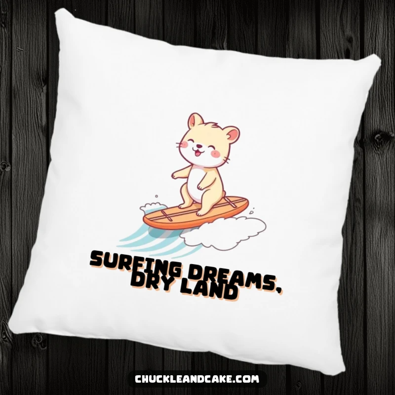Funny pillow with a happy animal riding a tiny surfboard down a gentle wave.