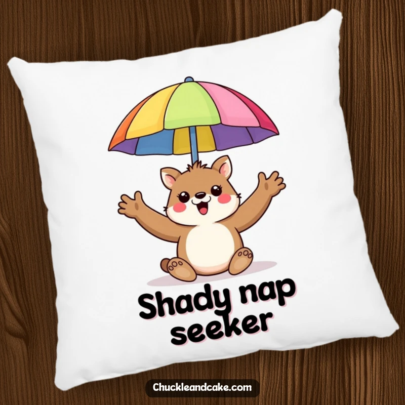 Funny pillow with a happy animal enthusiastically holding up a colorful beach umbrella.