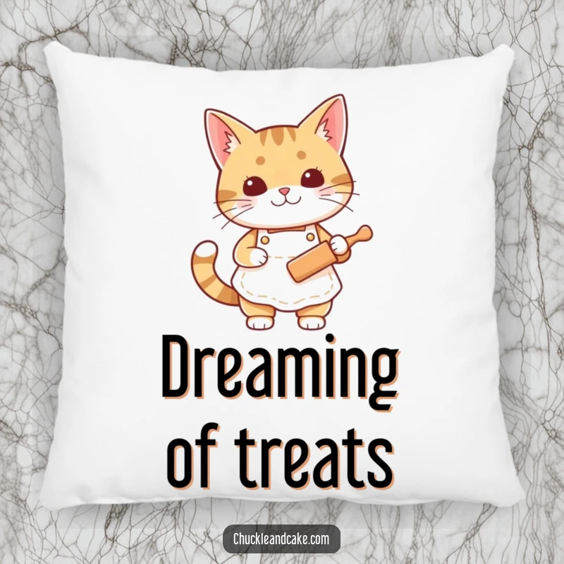 Funny Bobtail cat pillow featuring a cat in an apron holding a rolling pin, perfect for cozy kitchen vibes.