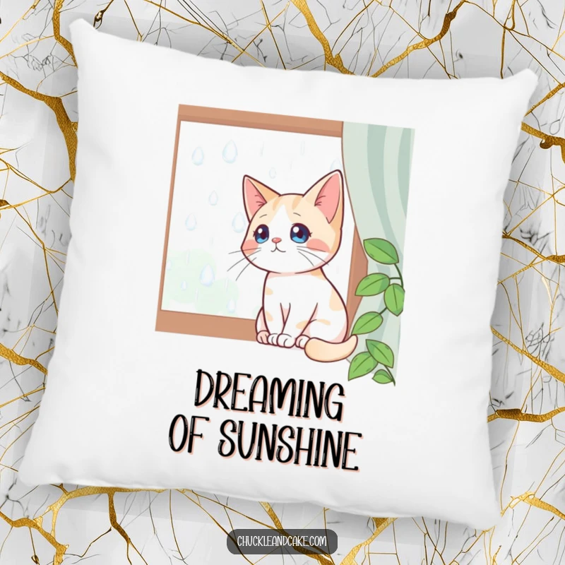 Funny pillow featuring a Bobtail cat sitting by a window, watching raindrops, offering plush comfort and serene charm.