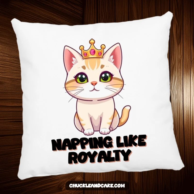 Funny pillow featuring a Bobtail cat wearing a small crown, looking regal, offering plush comfort and sophisticated charm.