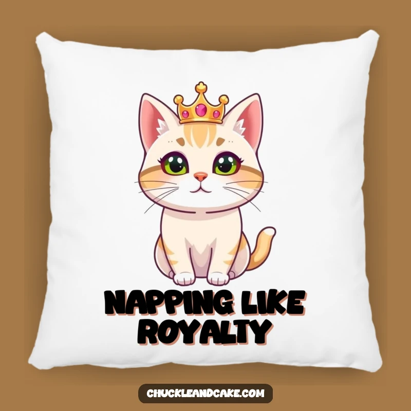 Funny Bobtail Cat Accent Pillow: Regal Monarch in Crown