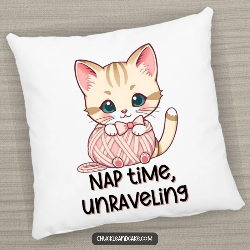 Funny Bobtail cat pillow featuring a cute cat with a bow peeking from behind a yarn ball, perfect for cozy relaxation.