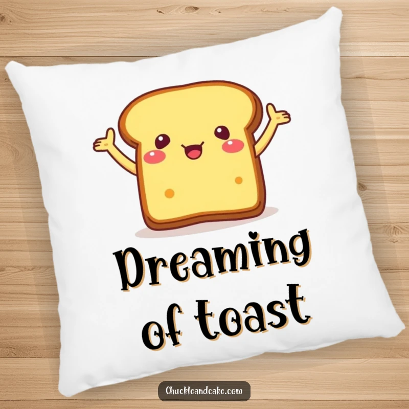 Funny pillow showcasing a piece of bread with arms flailing excitedly, adding a plush and humorous accent.