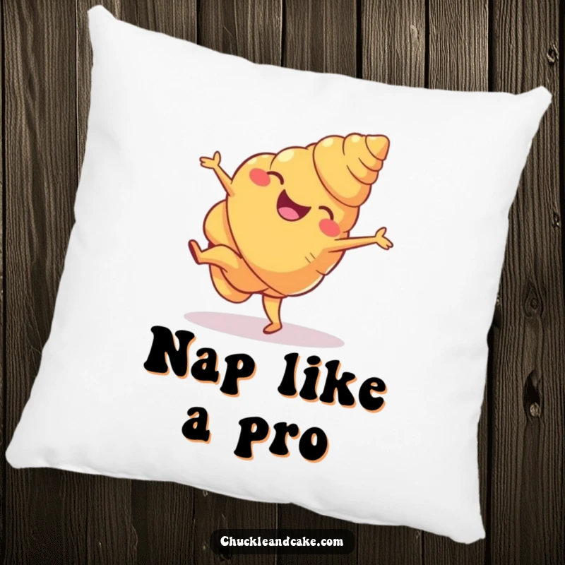 Funny croissant pillow featuring a happy croissant doing a cartwheel, offering plush comfort and a dose of delightful pastry-themed humor.