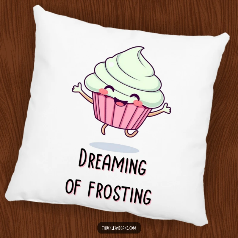 Funny pillow showcasing a smiling cupcake with legs leaping with glee, adding a plush and humorous accent to any seating.