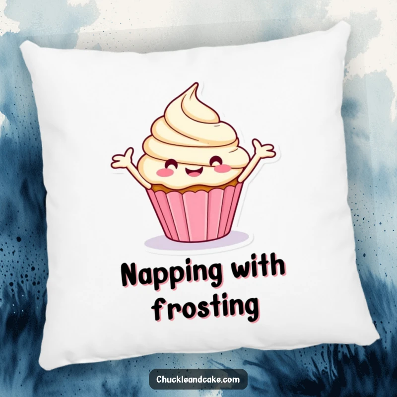 Funny pillow featuring a stylized, happy cupcake spinning merrily with its frosting arms outstretched.