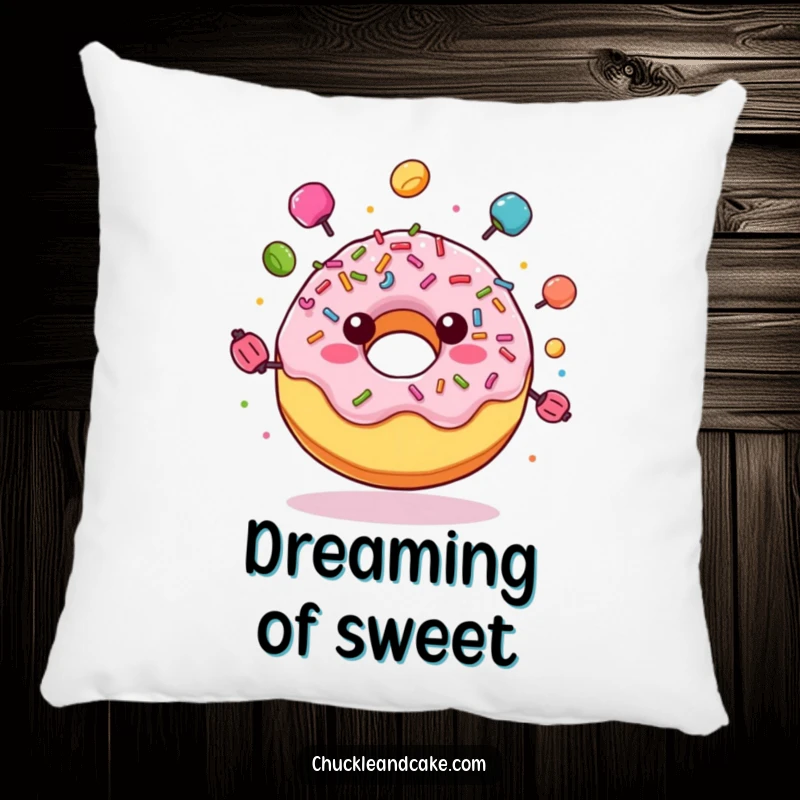 Funny pillow designed as a joyful donut with sprinkles, juggling colorful candies, offering a soft and humorous decorative accent.