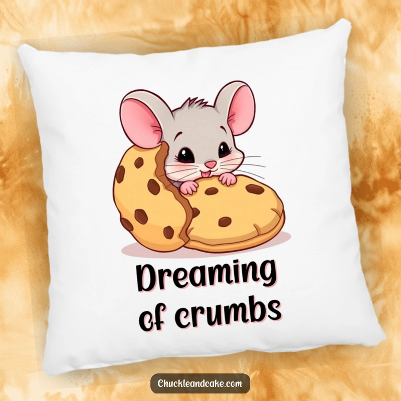 Funny mouse pillow, plush cushion with a mischievous mouse dreaming of a giant cookie, cozy home decor, cute animal accent, perfect funny gift.