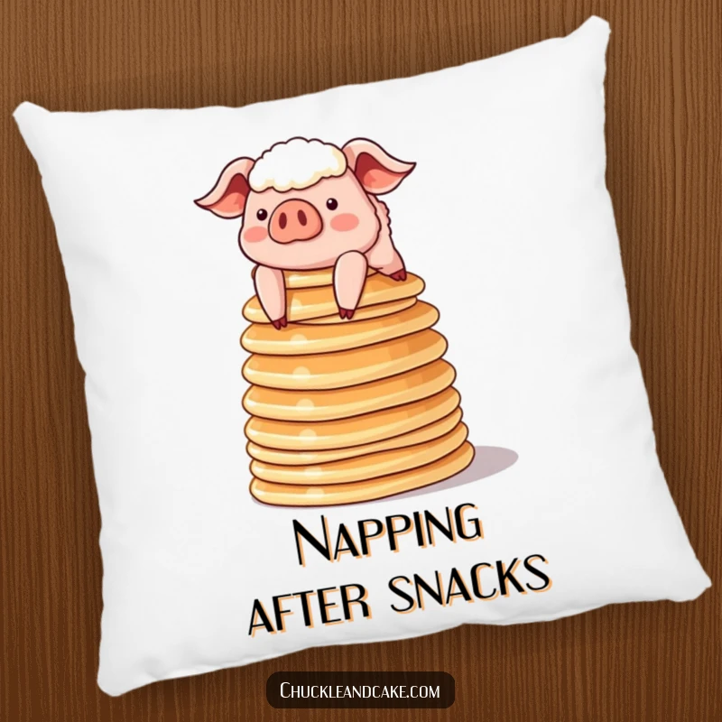 Funny sheepish pig balancing a tower of pancakes on a plush pillow, soft and humorous breakfast cushion.