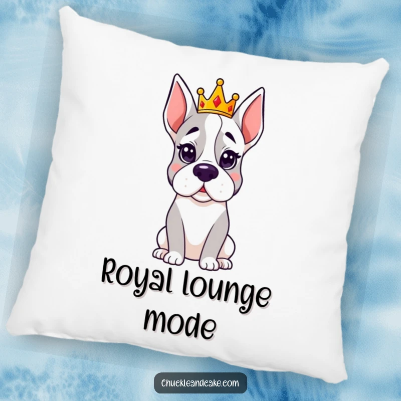 Funny Grand Dane pillow showcasing a dog wearing a tiny crown, looking regal and hilariously dignified.