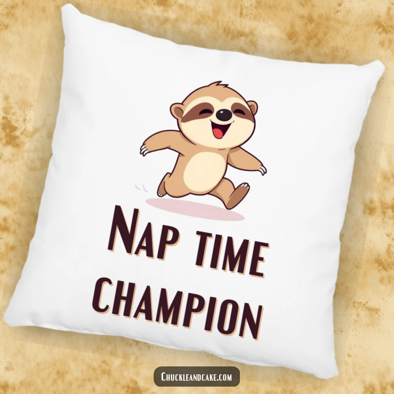 Funny sloth pillow, plush cushion with a happy sloth falling during a race, cozy home decor, cute animal accent, perfect funny gift.