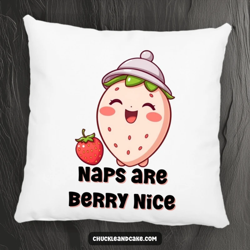 Funny strawberry pillow featuring a giggling strawberry in a tiny hat, offering plush comfort and a dose of fruity joy.
