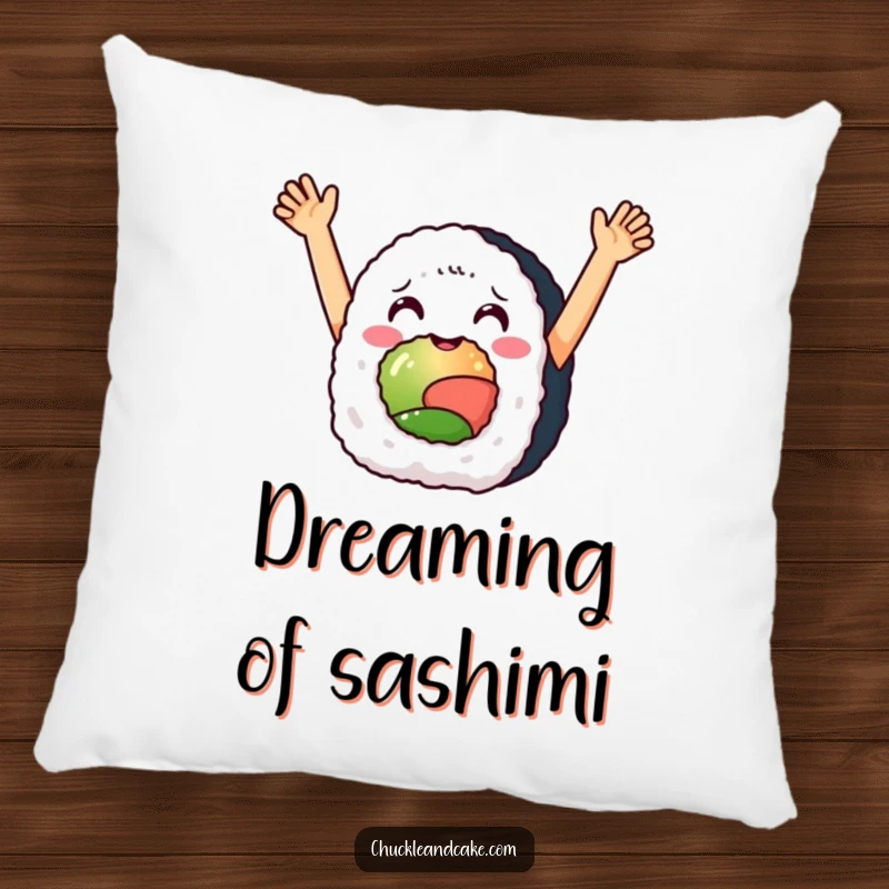 Funny pillow depicting a delighted sushi roll with arms raised in celebration, perfect for adding a cozy, festive touch.