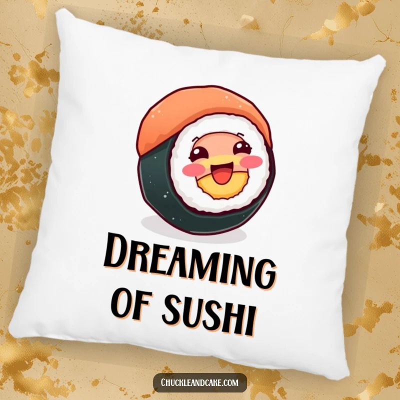 Funny pillow featuring a beaming sushi roll spinning happily, providing comfort and a touch of joyful humor.