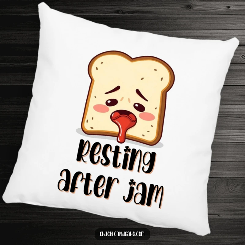 Funny embarrassed toast spraying jam, a messy and humorous pillow.