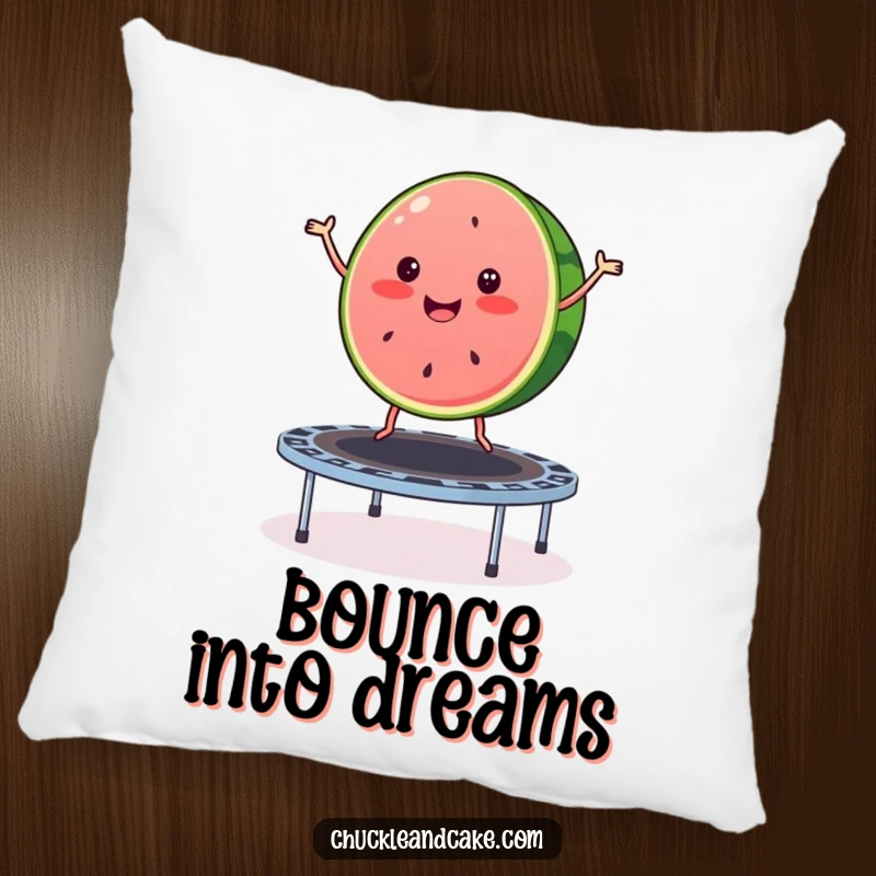 Funny watermelon pillow featuring a merry slice of watermelon bouncing on a trampoline, offering plush comfort and summer joy.