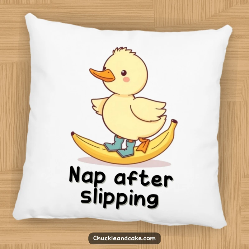 Funny waddling duck in tiny boots, slipping on a banana peel, soft humorous pillow.