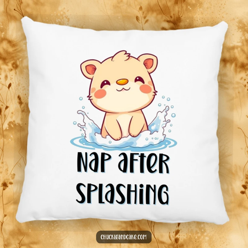 Funny pillow with a cute animal wearing sunscreen on its nose, splashing playfully in the sea.