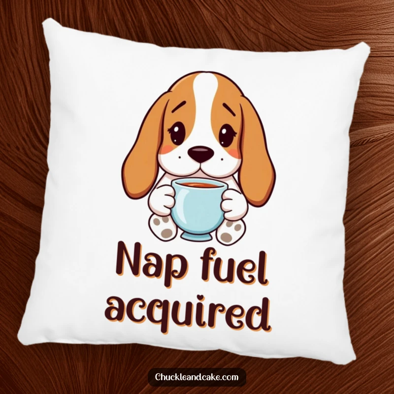 Funny Basset Hound Pillow with droopy ears, holding tea, offering humorous comfort and relaxation.