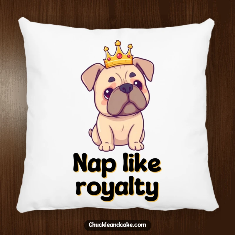 Funny Bullmastiff crown pillow featuring a proud dog wearing a tiny crown, perfect for adding humorous, regal decor.